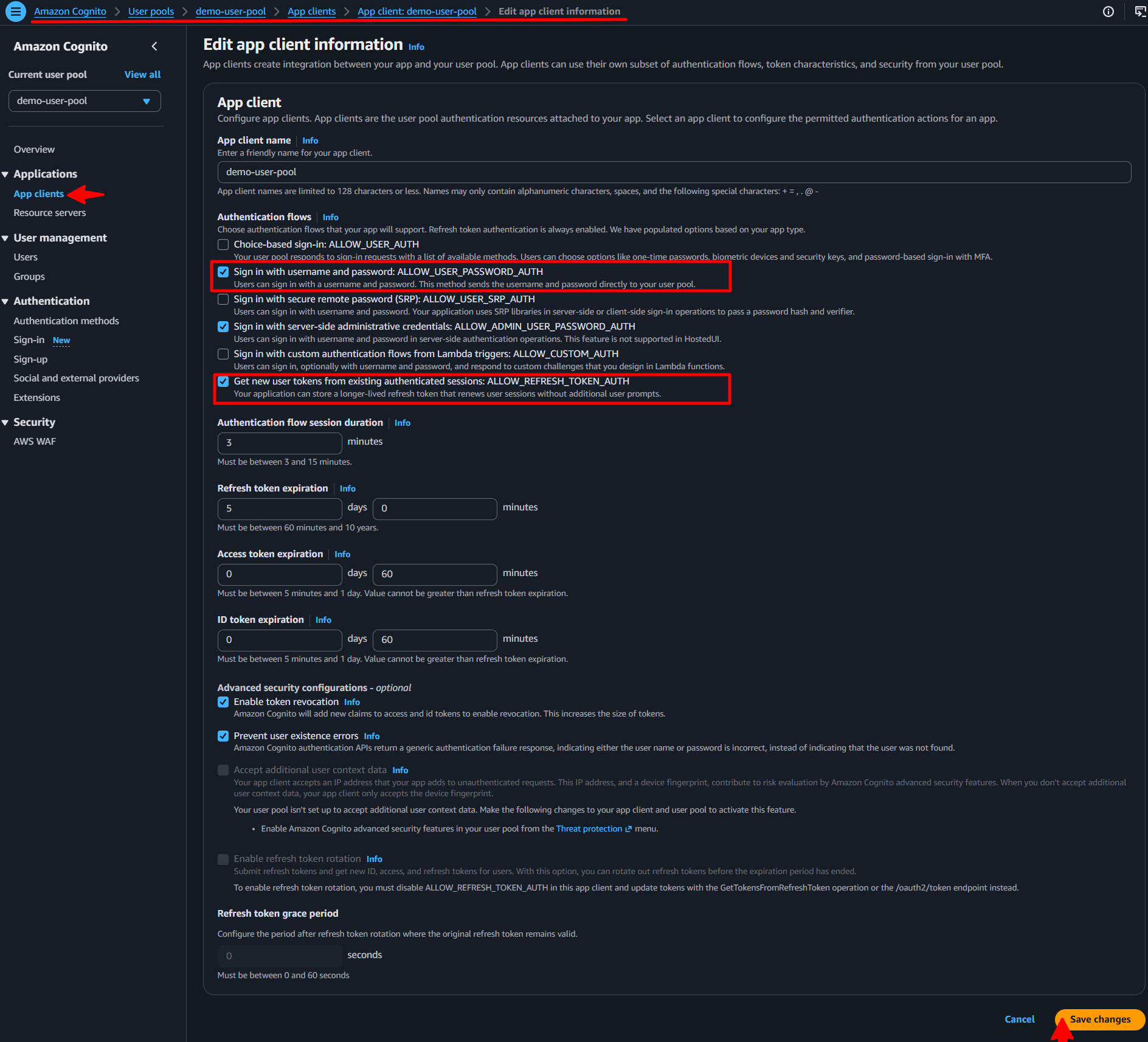 AWS Cognito - Authentication Method Settings