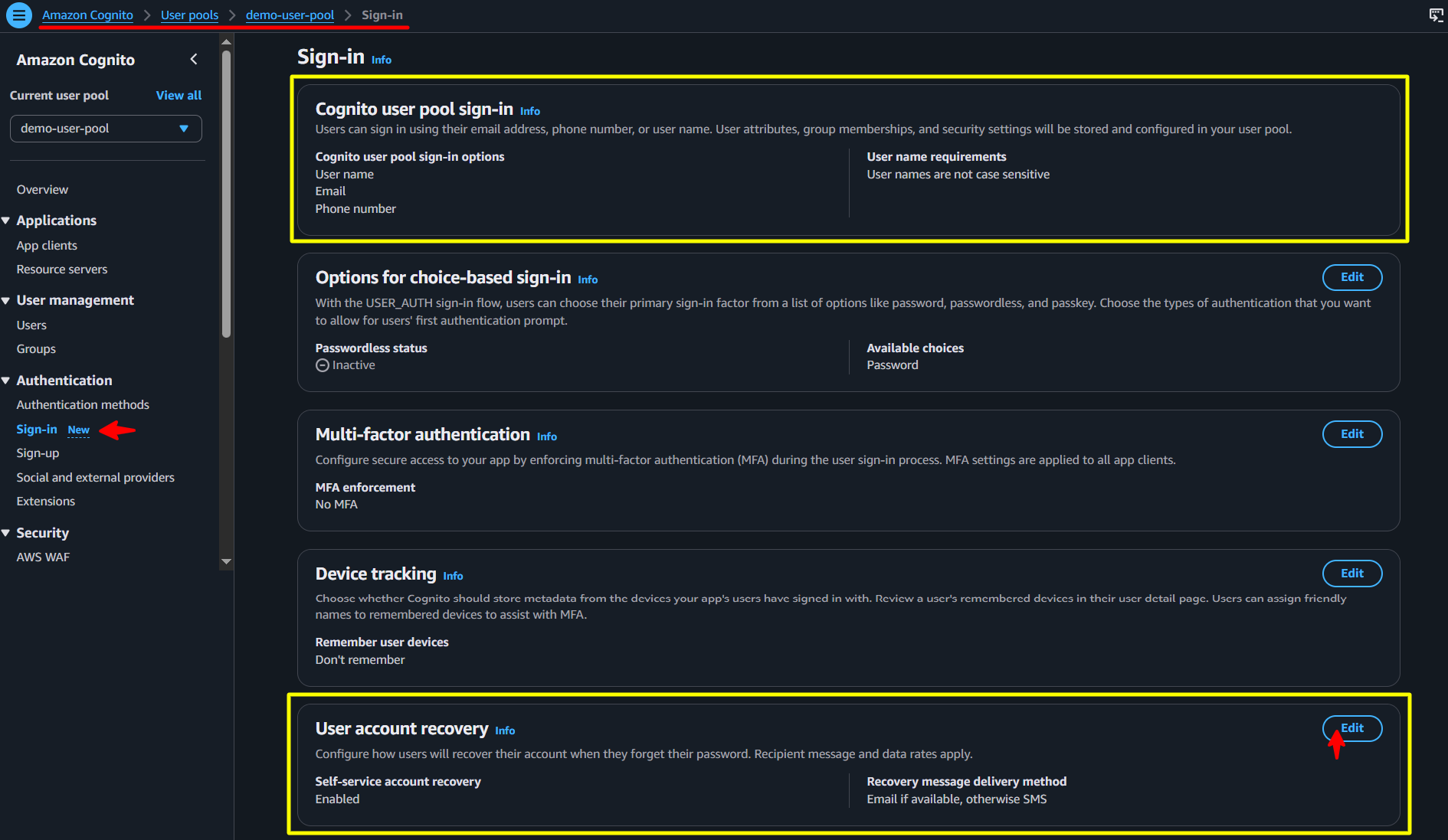 AWS Cognito - Sign-in Settings