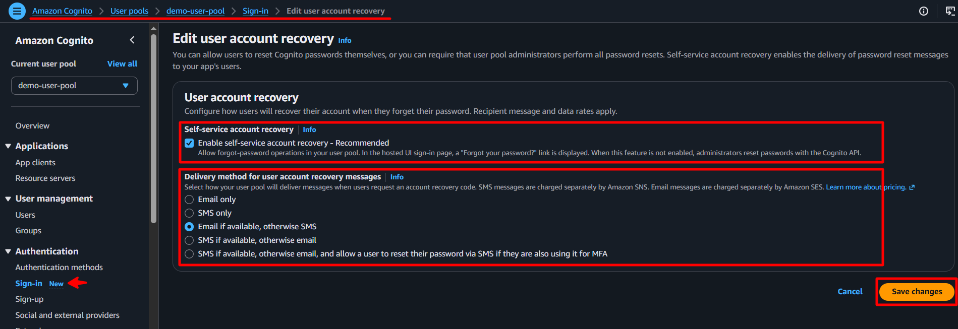 AWS Cognito - Sign-in Settings