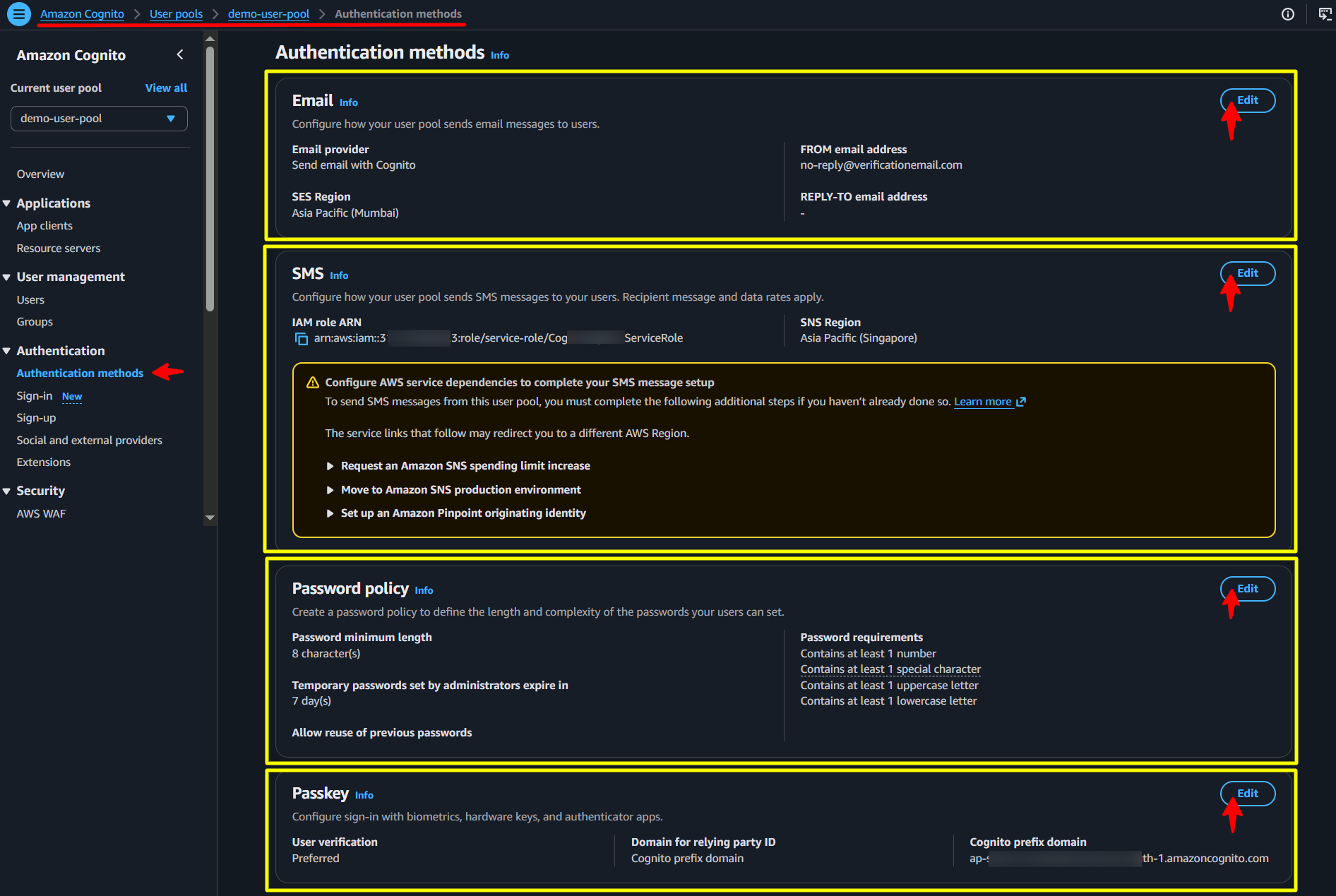 AWS Cognito - Authentication Method Settings
