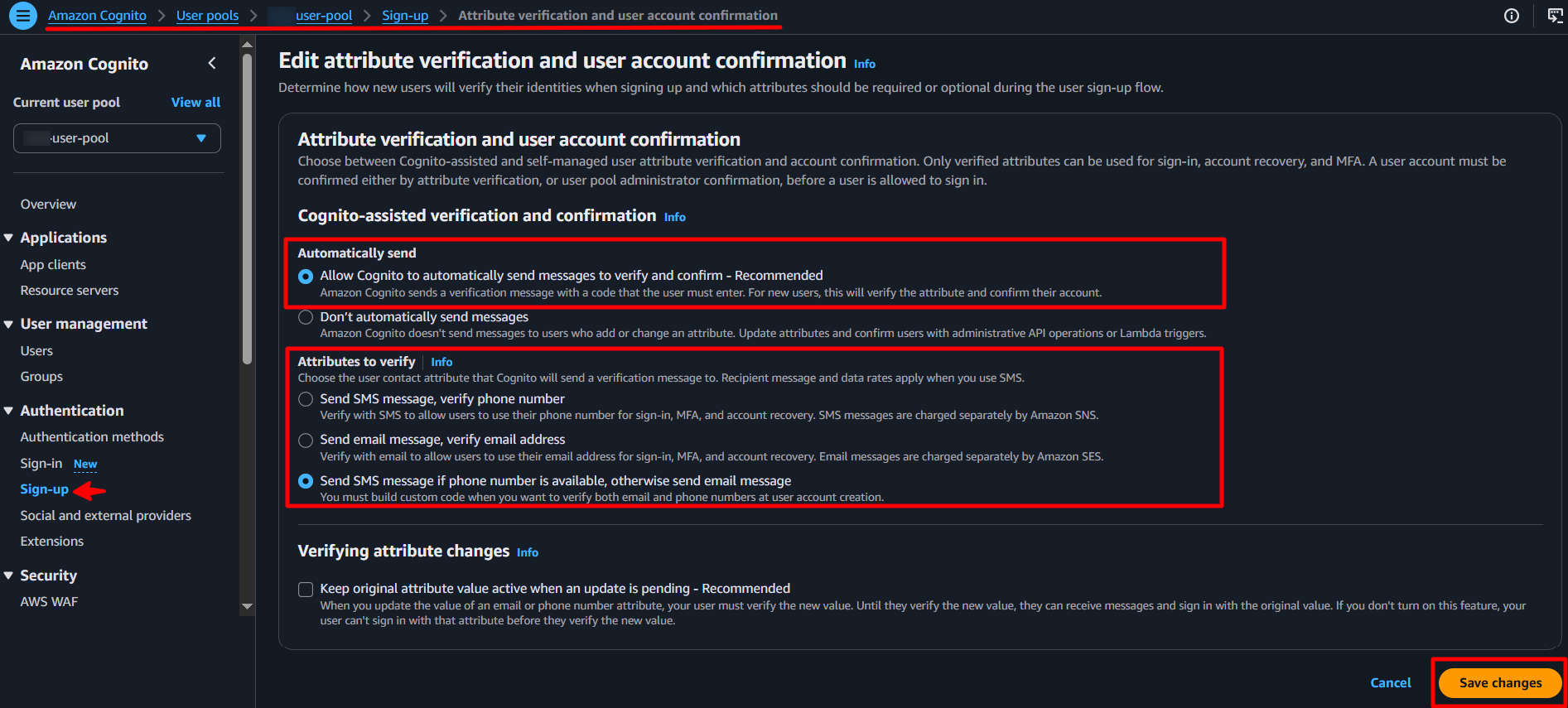AWS Cognito - Sign-up Settings