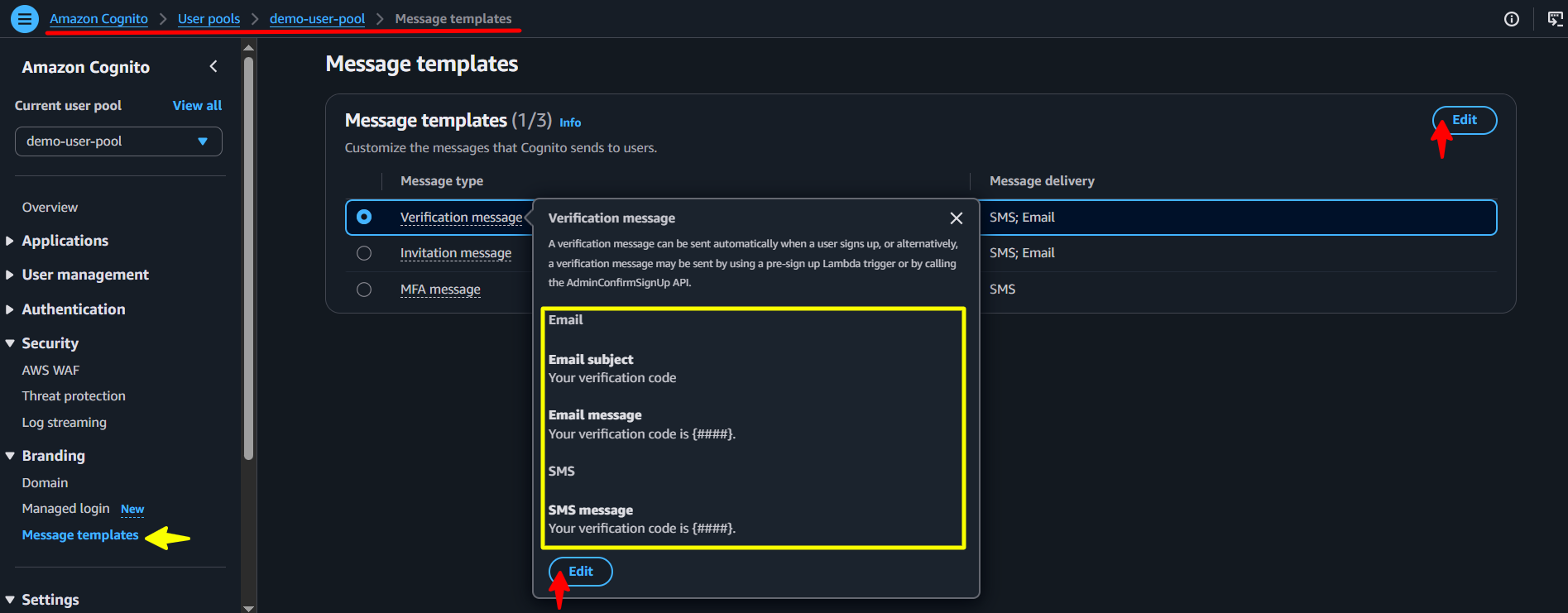 AWS Cognito - Message Templates