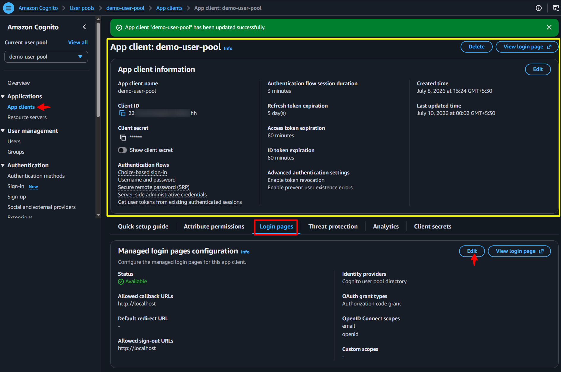 AWS Cognito - Review and Amend Login Page Settings