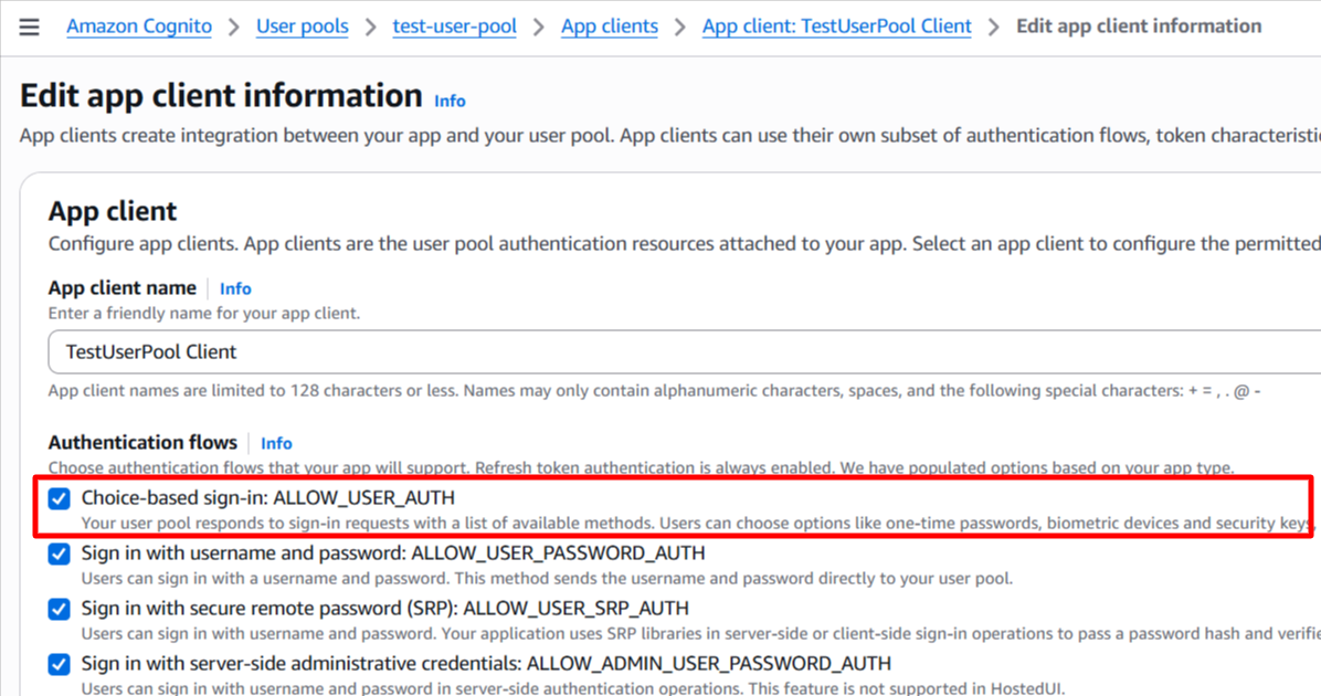 cognito app client settings